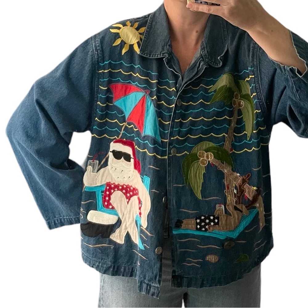 Santa Beach Denim Button Down Jacket So Cute Embr… - image 2
